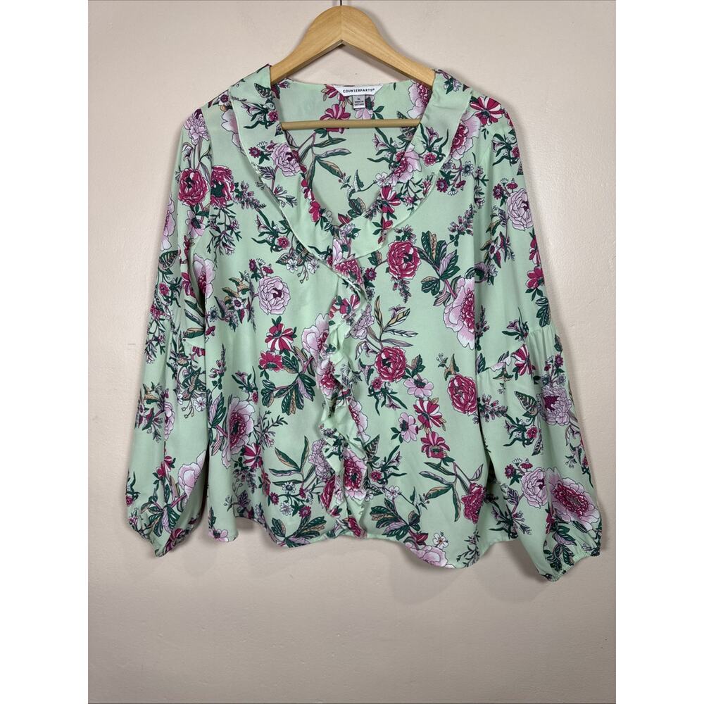 Counterparts Womens Blouse XL Floral Peasant Boho Balloon Sleeve Ruffle V Neck
